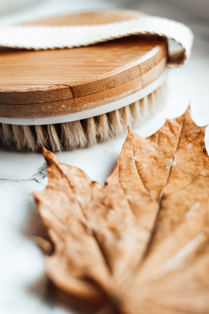 Wooden Brush and Dry Maple Leaf